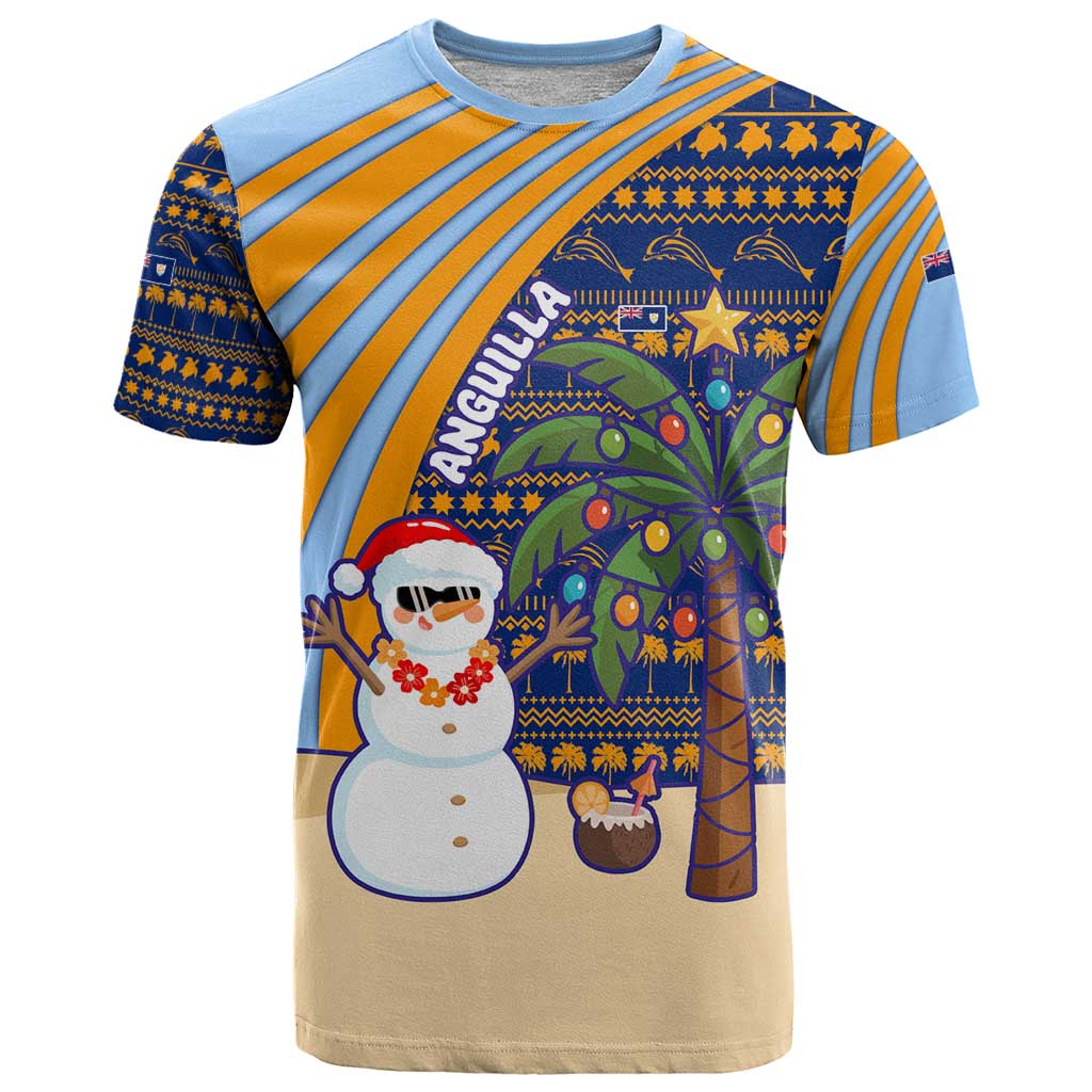 Anguilla Christmas T-Shirt with Snowman Palm Tree Ornaments Coconut Drink and Island Pattern Design Graphic Tee