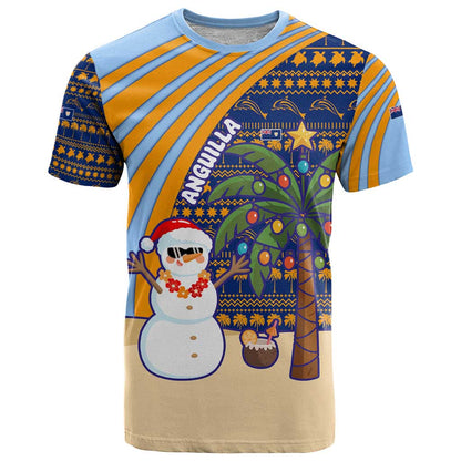 Anguilla Christmas T-Shirt with Snowman Palm Tree Ornaments Coconut Drink and Island Pattern Design Graphic Tee