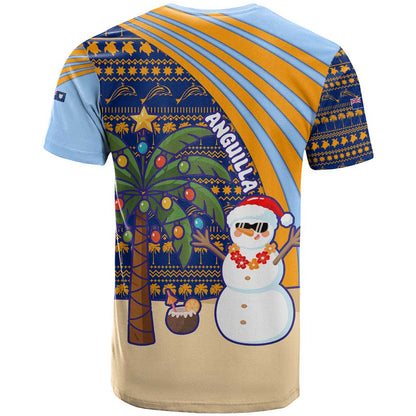 Anguilla Christmas T-Shirt with Snowman Palm Tree Ornaments Coconut Drink and Island Pattern Design Graphic Tee
