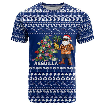 Anguilla Christmas T-Shirt with Santa Pineapple Floral Tree Island Crest and Tropical Pattern Design Graphic Tee