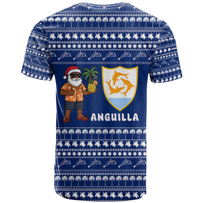 Anguilla Christmas T-Shirt with Santa Pineapple Floral Tree Island Crest and Tropical Pattern Design Graphic Tee