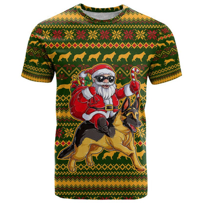 Awesome German Shepherd Dog Santa Claus Christmas T-Shirt Xmas Holiday Patterns Graphic Tee