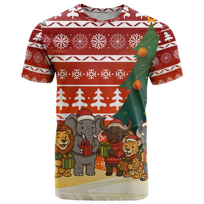 Zambia Christmas T-Shirt with African Animals Tree Snowflakes and National Emblem Design Graphic Tee