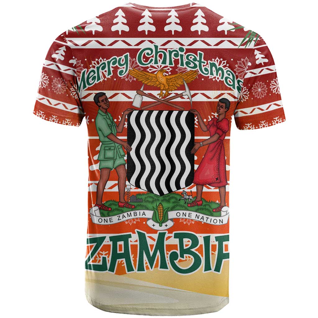 Zambia Christmas T-Shirt with African Animals Tree Snowflakes and National Emblem Design Graphic Tee