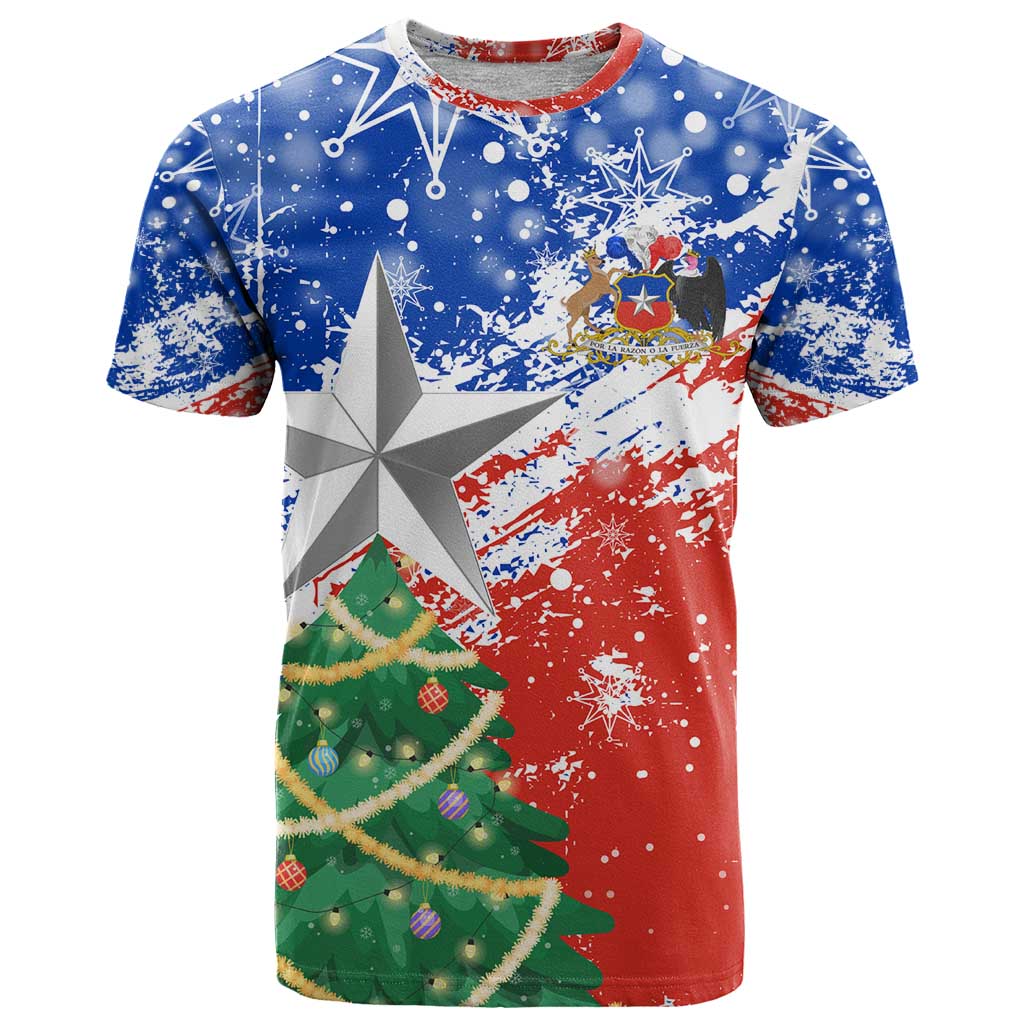 Chile Christmas T-Shirt with Flag Colors Tree Reindeer Condor and Gift Design Graphic Tee