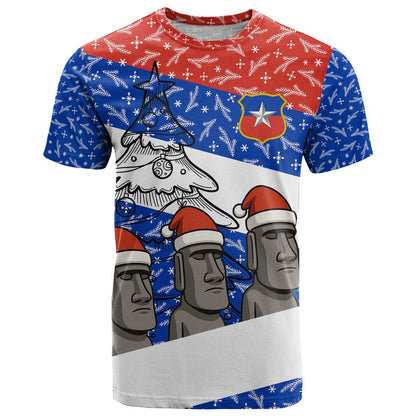 Chile Christmas T-Shirt with Moai Statues Santa Hats Snowflakes and Flag Colors Design Graphic Tee