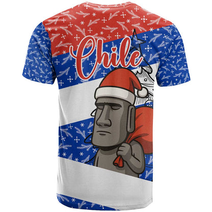 Chile Christmas T-Shirt with Moai Statues Santa Hats Snowflakes and Flag Colors Design Graphic Tee