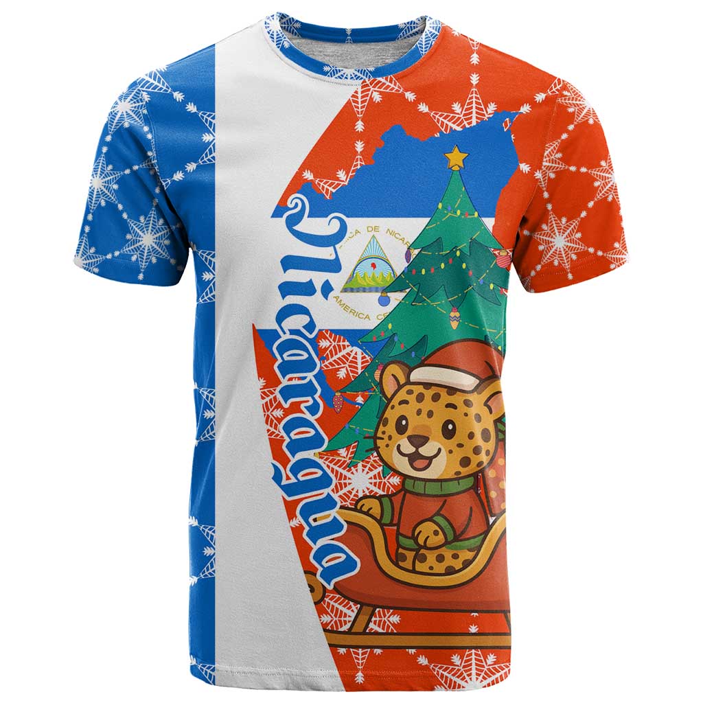 Nicaragua Christmas T-Shirt with Jaguar in Sleigh Christmas Tree Snowflakes and Flag Colors Design Graphic Tee