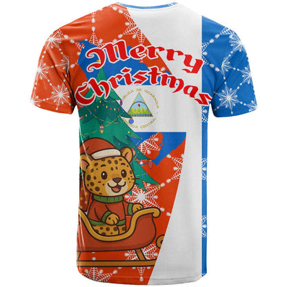 Nicaragua Christmas T-Shirt with Jaguar in Sleigh Christmas Tree Snowflakes and Flag Colors Design Graphic Tee