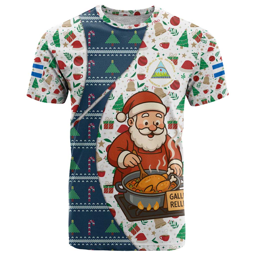 Nicaragua Christmas T-Shirt with Santa Cooking Gallina Rellena Tree Flag and Festive Icons Design Graphic Tee