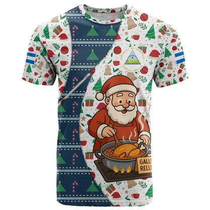 Nicaragua Christmas T-Shirt with Santa Cooking Gallina Rellena Tree Flag and Festive Icons Design Graphic Tee