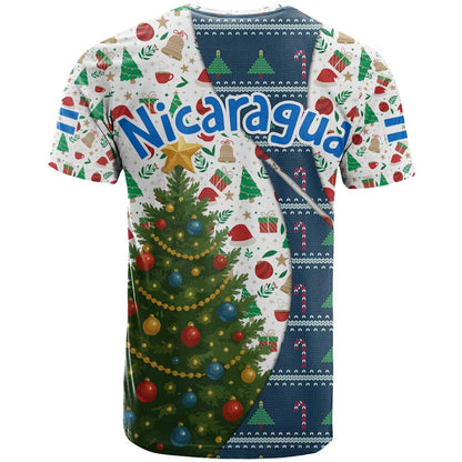 Nicaragua Christmas T-Shirt with Santa Cooking Gallina Rellena Tree Flag and Festive Icons Design Graphic Tee