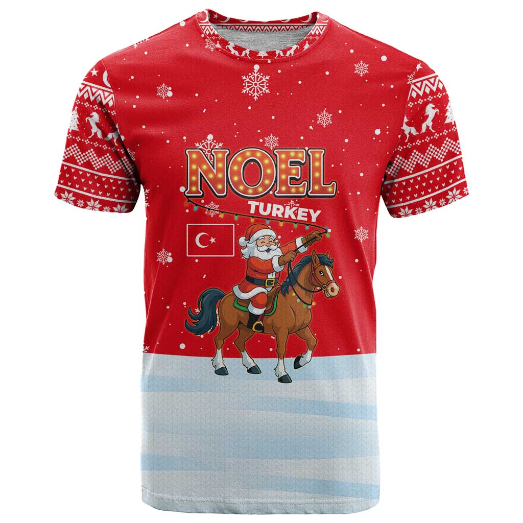 Turkey Christmas T-Shirt with Santa on Horse Red Snowflake Pattern and Crescent Star Graphic Tee