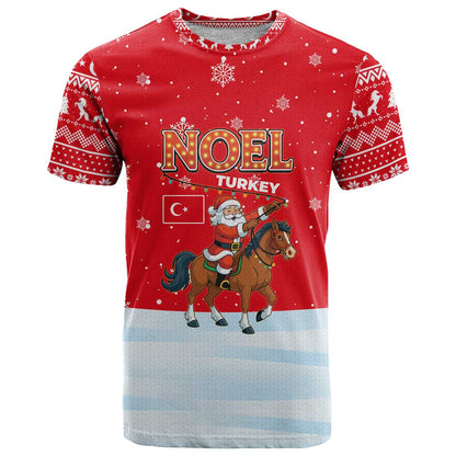 Turkey Christmas T-Shirt with Santa on Horse Red Snowflake Pattern and Crescent Star Graphic Tee