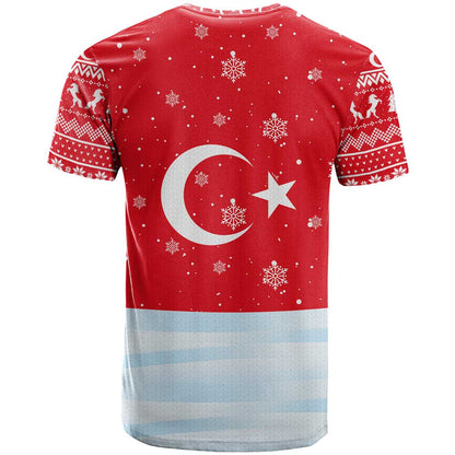 Turkey Christmas T-Shirt with Santa on Horse Red Snowflake Pattern and Crescent Star Graphic Tee