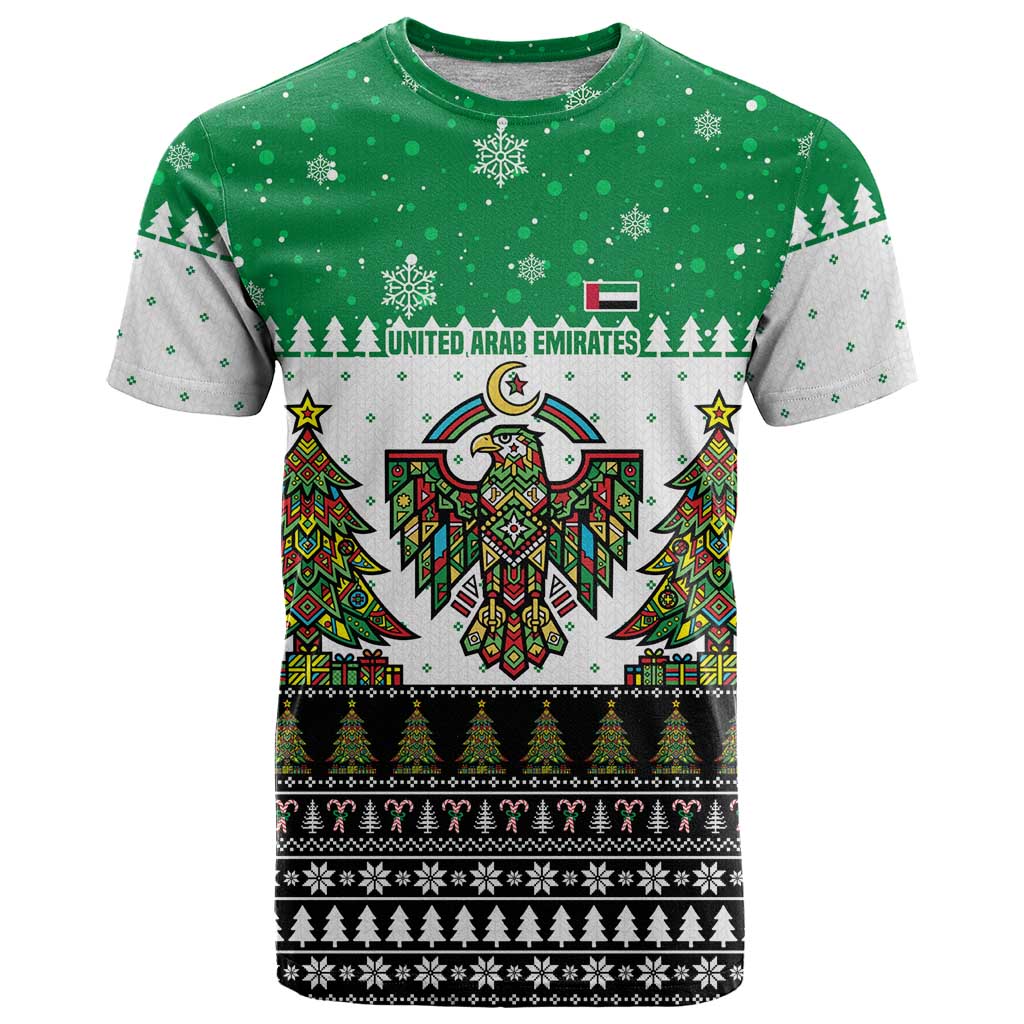 United Arab Emirates Christmas T-Shirt with Falcon Tree Design Snowflake Pattern and National Emblem Graphic Tee