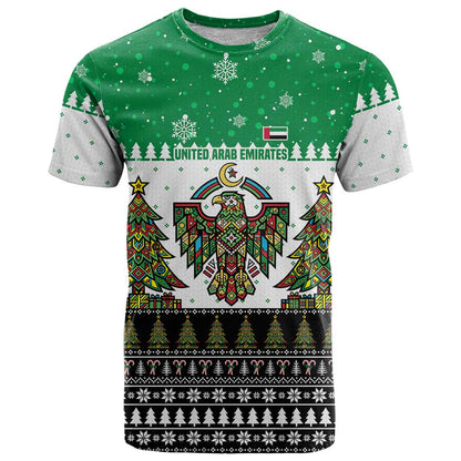 United Arab Emirates Christmas T-Shirt with Falcon Tree Design Snowflake Pattern and National Emblem Graphic Tee