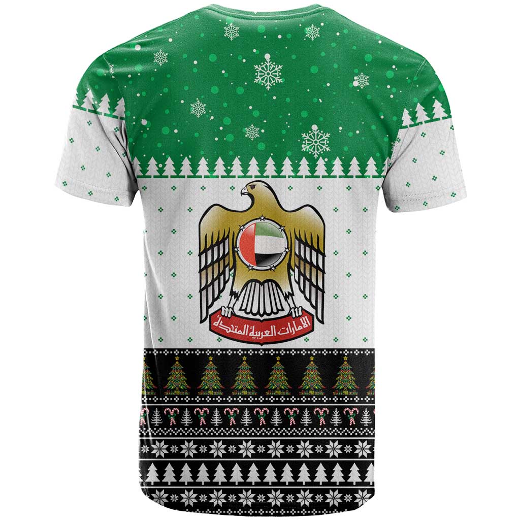 United Arab Emirates Christmas T-Shirt with Falcon Tree Design Snowflake Pattern and National Emblem Graphic Tee