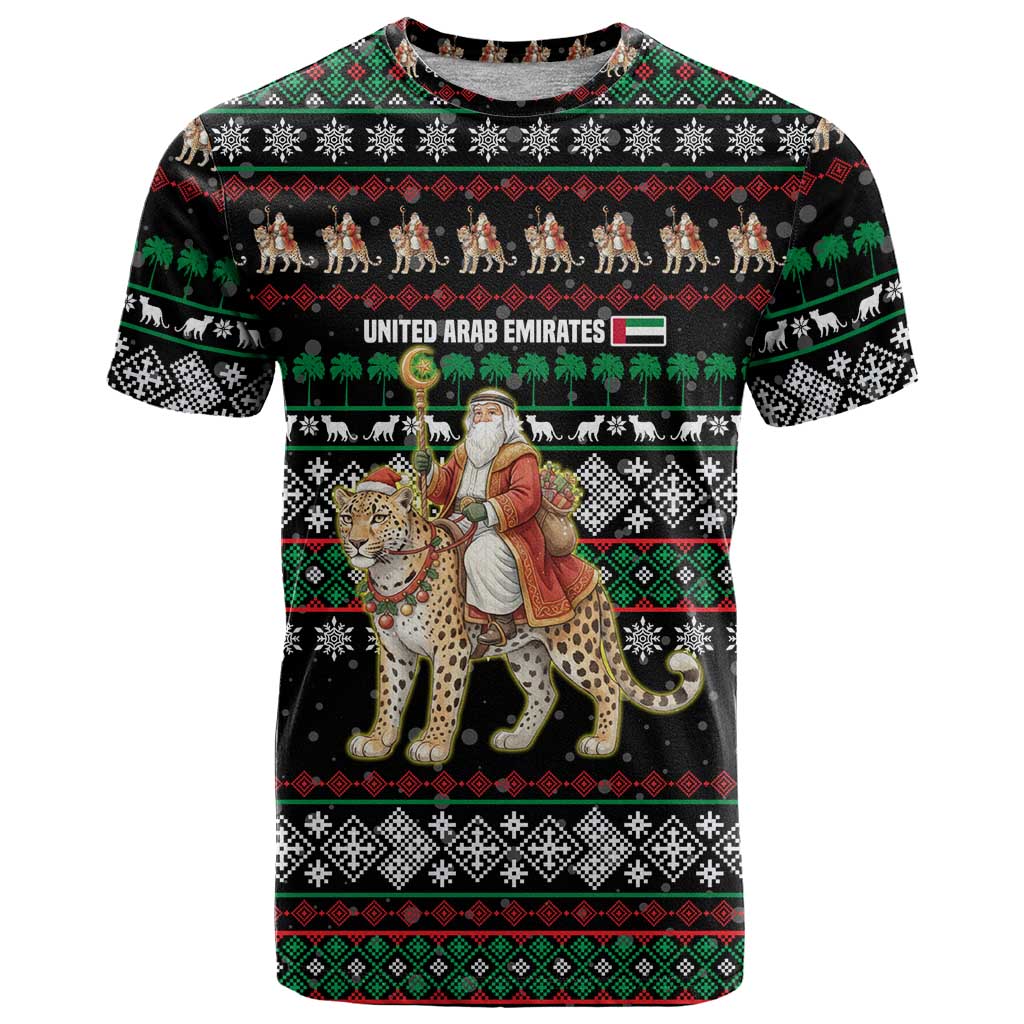 United Arab Emirates Christmas T-Shirt with Santa Riding Cheetah Black Snowflake Pattern and Palm Tree Graphic Tee