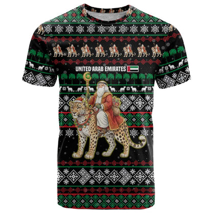 United Arab Emirates Christmas T-Shirt with Santa Riding Cheetah Black Snowflake Pattern and Palm Tree Graphic Tee