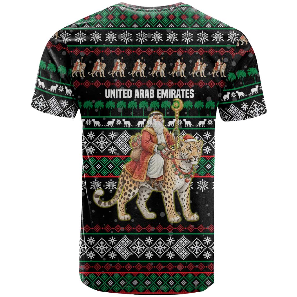 United Arab Emirates Christmas T-Shirt with Santa Riding Cheetah Black Snowflake Pattern and Palm Tree Graphic Tee