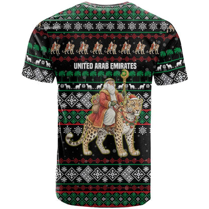 United Arab Emirates Christmas T-Shirt with Santa Riding Cheetah Black Snowflake Pattern and Palm Tree Graphic Tee