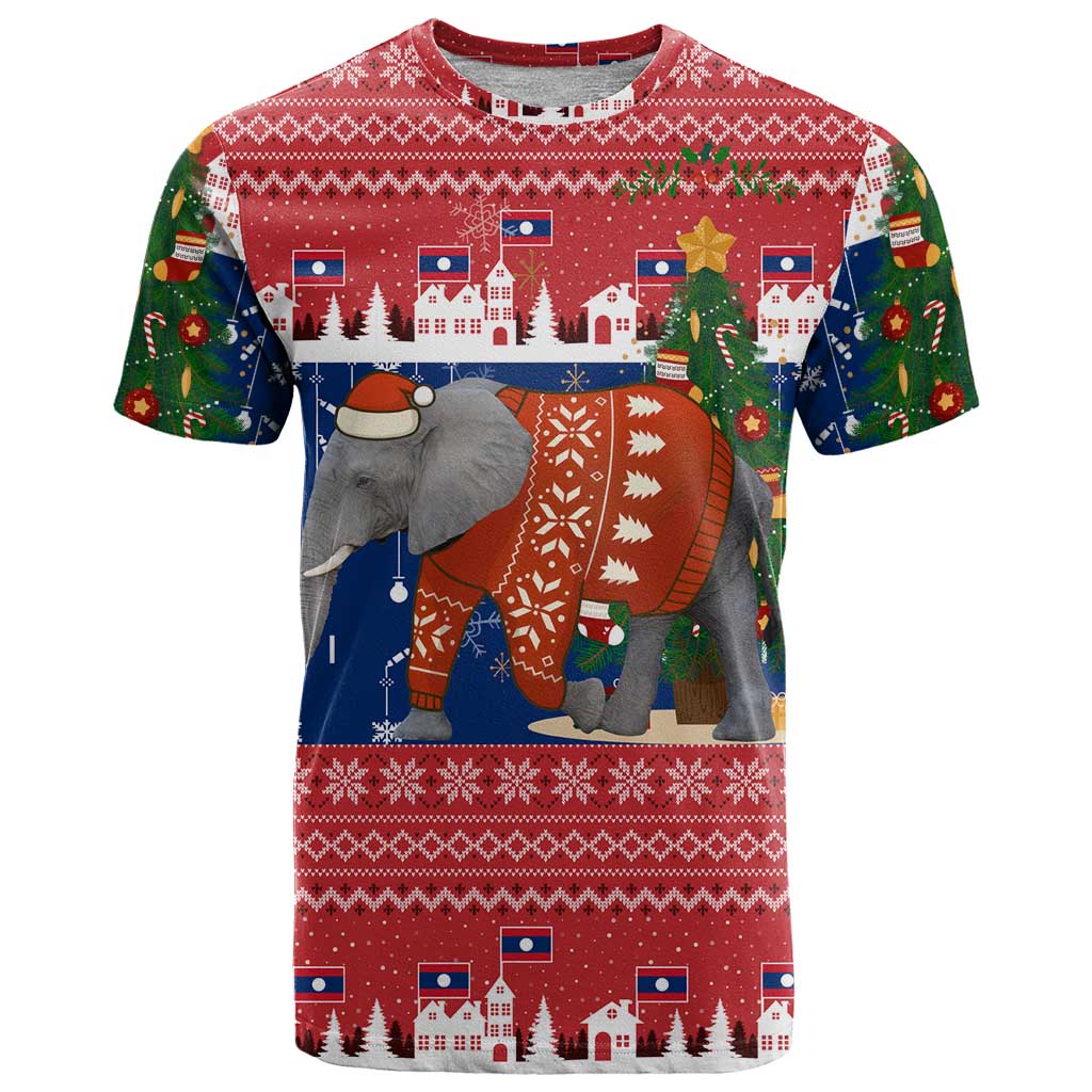 Laos Christmas T-Shirt with Festive Elephant Design and Holiday Village Pattern Graphic Tee