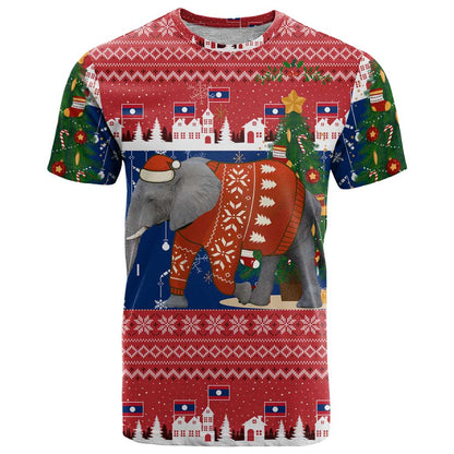Laos Christmas T-Shirt with Festive Elephant Design and Holiday Village Pattern Graphic Tee
