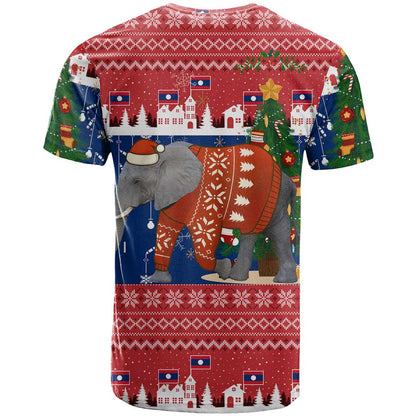 Laos Christmas T-Shirt with Festive Elephant Design and Holiday Village Pattern Graphic Tee