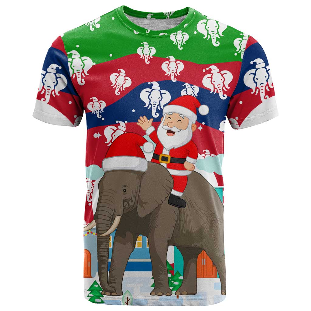 Laos Christmas T-Shirt with Santa Riding Elephant and Festive Flag Pattern Graphic Tee