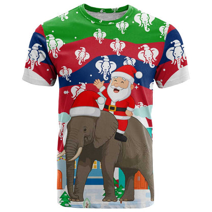 Laos Christmas T-Shirt with Santa Riding Elephant and Festive Flag Pattern Graphic Tee