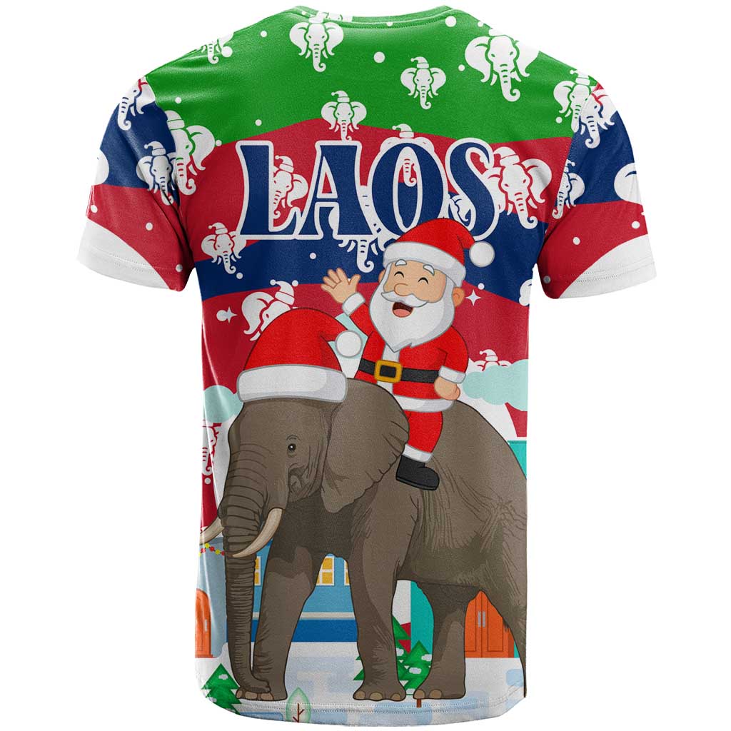 Laos Christmas T-Shirt with Santa Riding Elephant and Festive Flag Pattern Graphic Tee