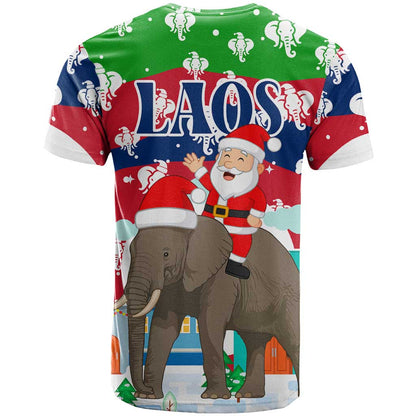 Laos Christmas T-Shirt with Santa Riding Elephant and Festive Flag Pattern Graphic Tee