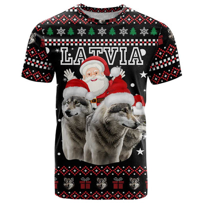 Latvia Christmas T-Shirt with Santa Claus and Wolves in Holiday Pattern Design Graphic Tee