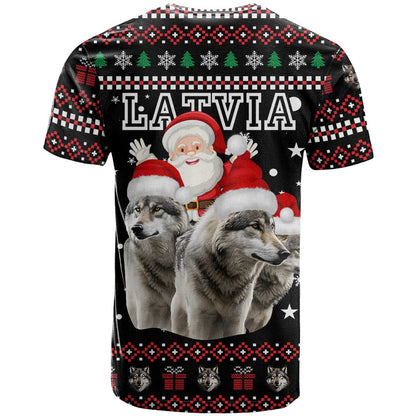 Latvia Christmas T-Shirt with Santa Claus and Wolves in Holiday Pattern Design Graphic Tee