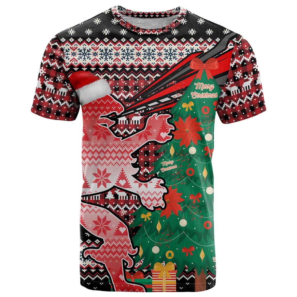 Latvia Christmas T-Shirt with Red Lion, Holiday Tree, and Nordic Pattern Design Graphic Tee