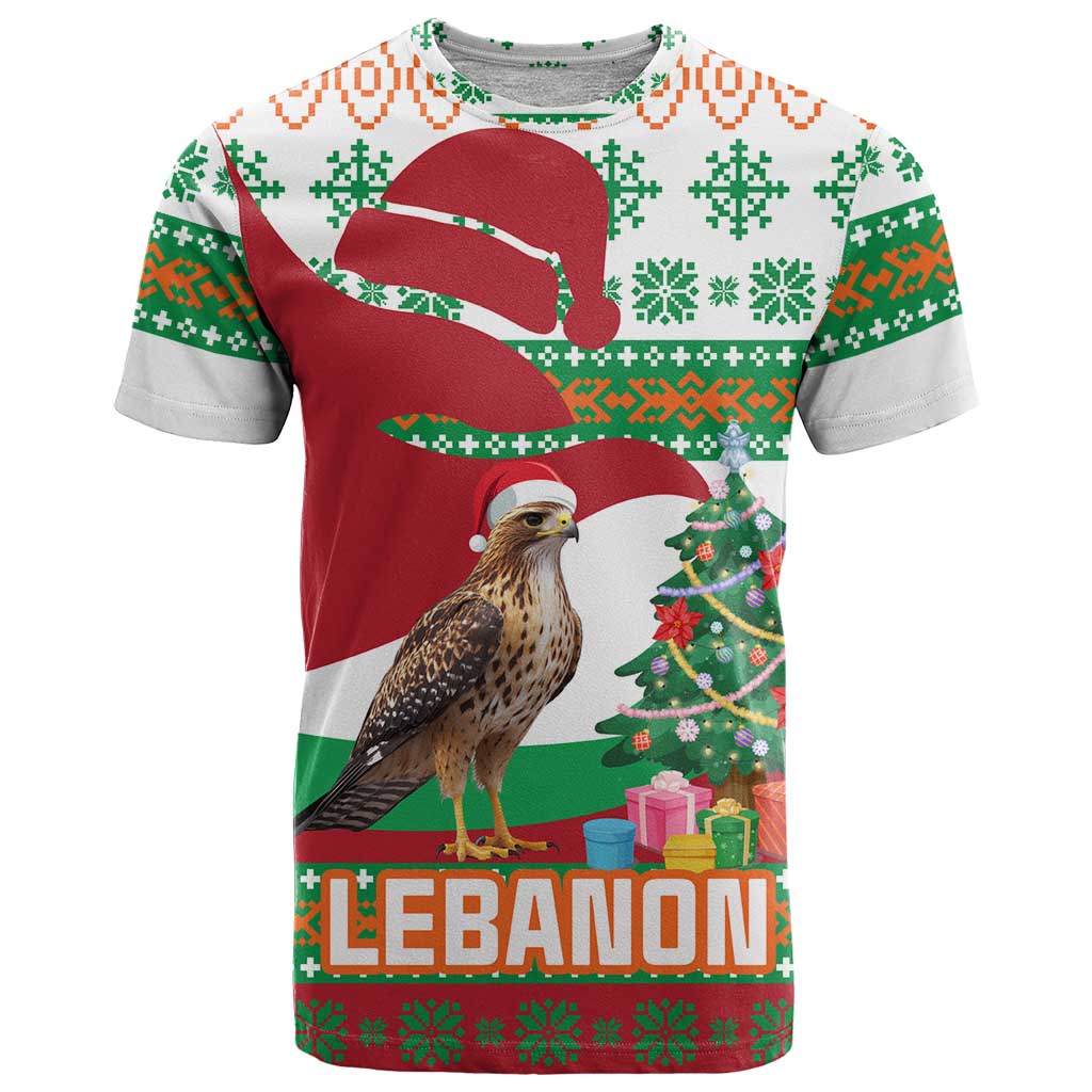 Lebanon Christmas T-Shirt with Falcon, Holiday Tree, and Red Green Snowflake Pattern Graphic Tee
