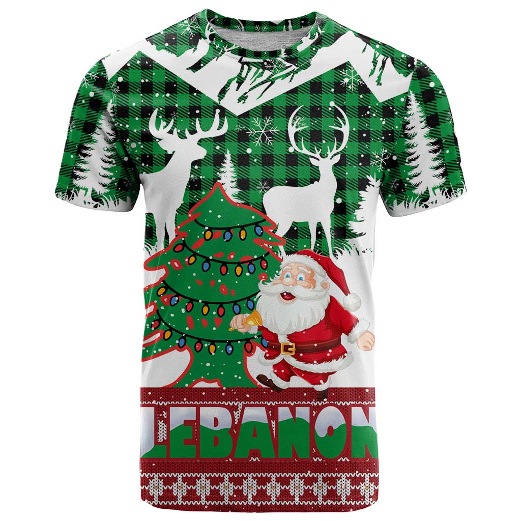Lebanon Christmas T-Shirt with Santa Claus Reindeer Trees and Festive Knit Pattern Graphic Tee