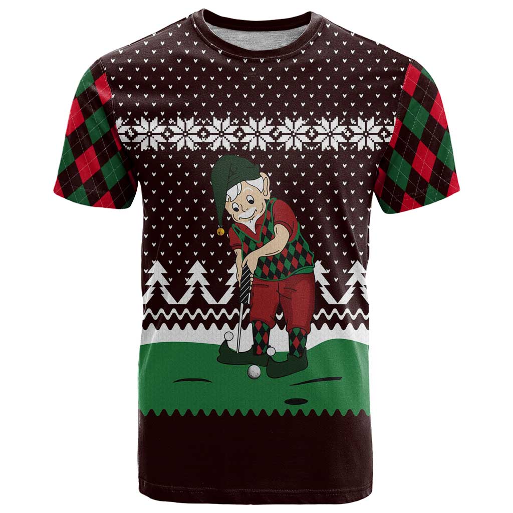 Christmas Golf T-Shirt with Elf Golfer Argyle Plaid and Snowflake Pattern Graphic Tee