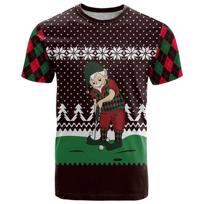 Christmas Golf T-Shirt with Elf Golfer Argyle Plaid and Snowflake Pattern Graphic Tee