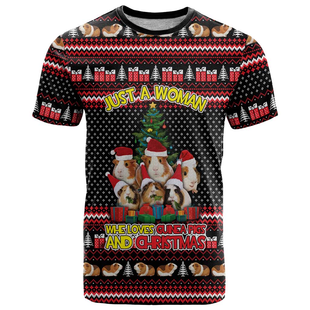 Guinea Pig Christmas T-Shirt with Santa Hats Tree and Festive Gift Pattern Graphic Tee