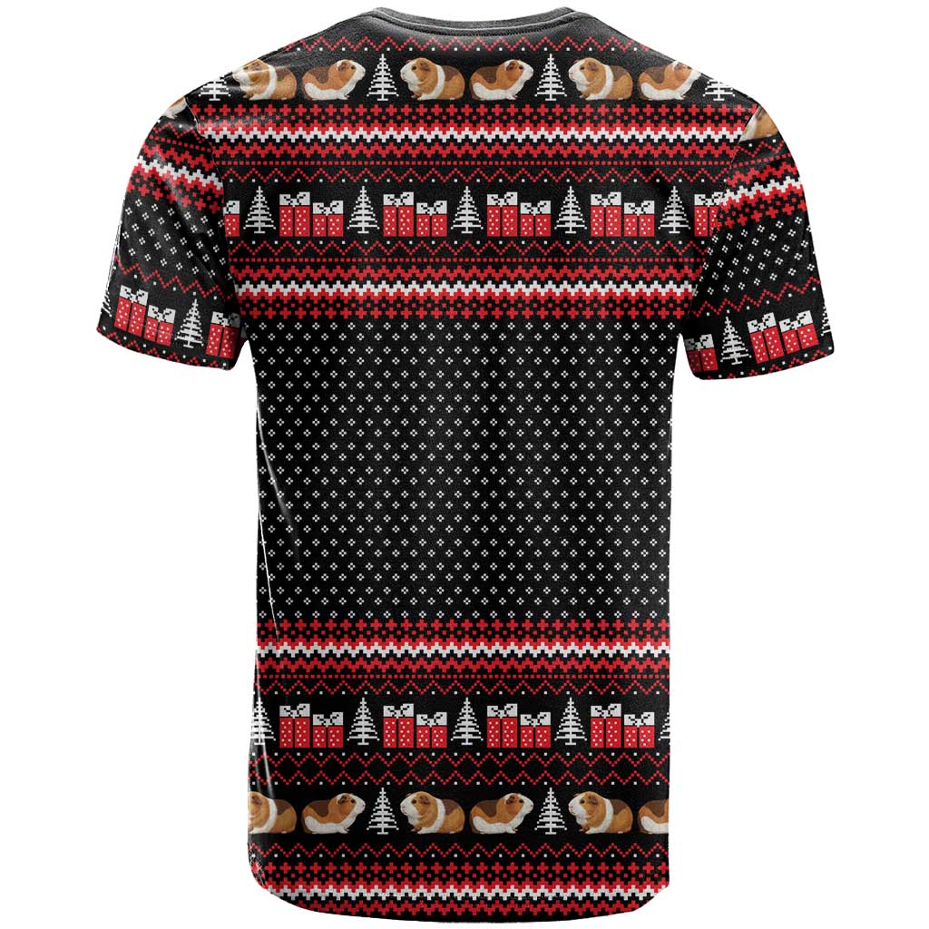Guinea Pig Christmas T-Shirt with Santa Hats Tree and Festive Gift Pattern Graphic Tee