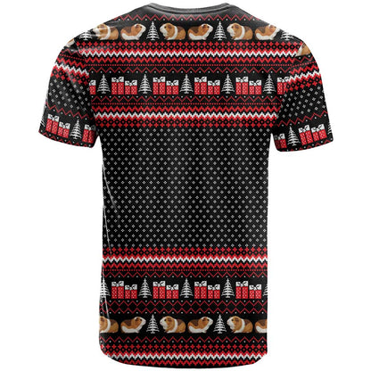Guinea Pig Christmas T-Shirt with Santa Hats Tree and Festive Gift Pattern Graphic Tee