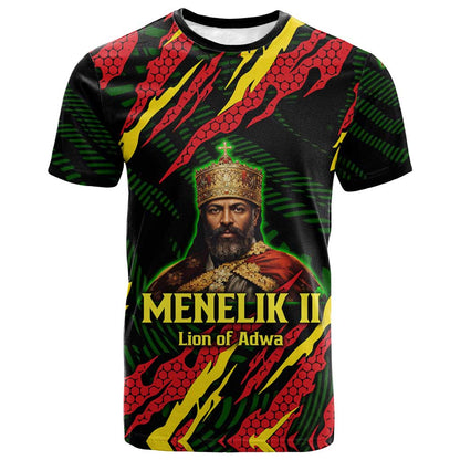 Menelik II T-Shirt with Lion of Adwa Title, Battle of Adwa 1896 Graphic and Bold Pan-African Graphic Tee