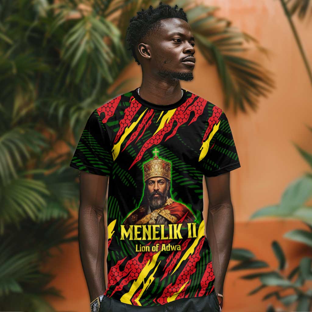 Menelik II T-Shirt with Lion of Adwa Title, Battle of Adwa 1896 Graphic and Bold Pan-African Graphic Tee