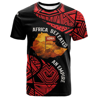 Menelik II T-Shirt with Adwa Victory Map, Africa Defeated an Empire Text and Red Geometric Graphic Tee