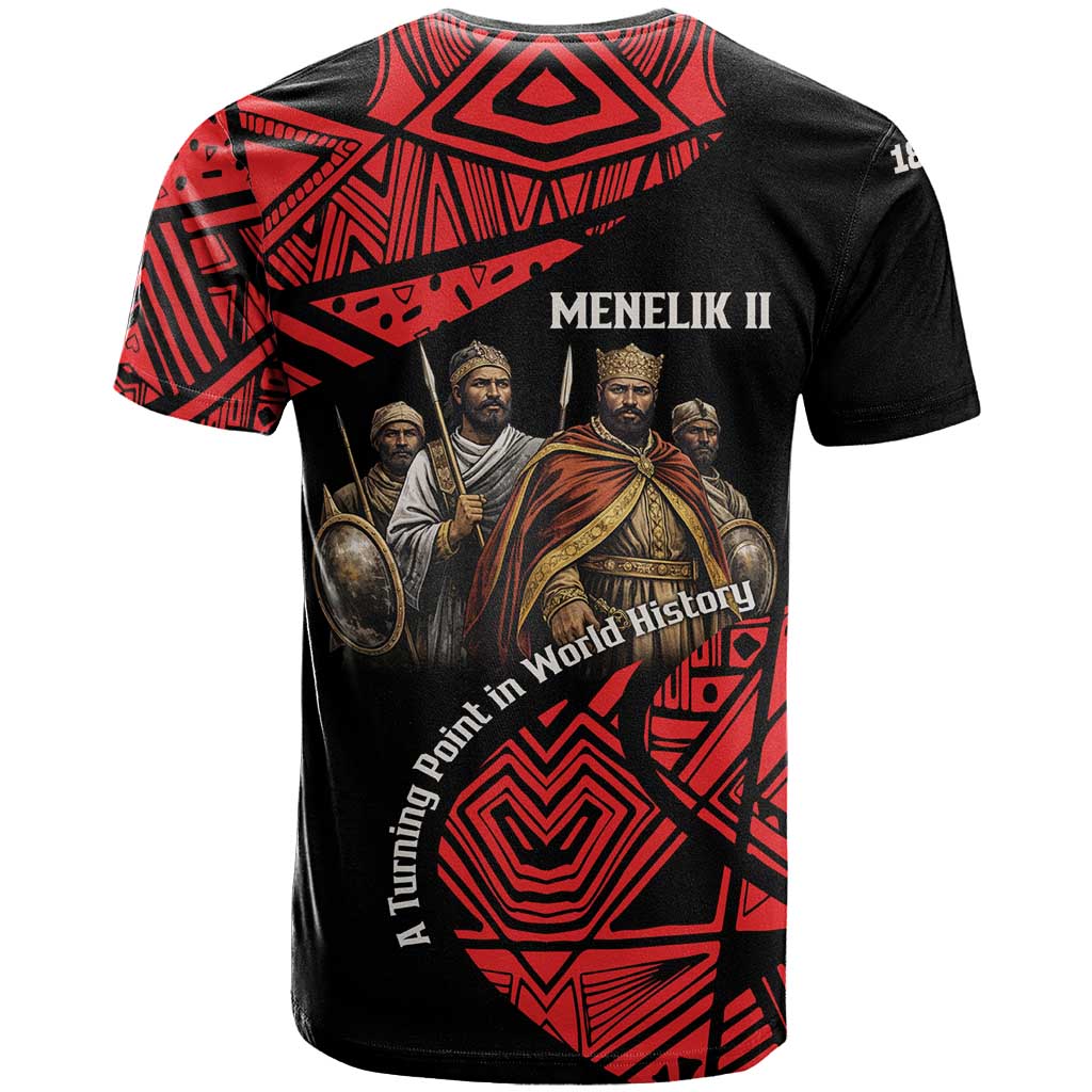 Menelik II T-Shirt with Adwa Victory Map, Africa Defeated an Empire Text and Red Geometric Graphic Tee