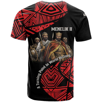 Menelik II T-Shirt with Adwa Victory Map, Africa Defeated an Empire Text and Red Geometric Graphic Tee