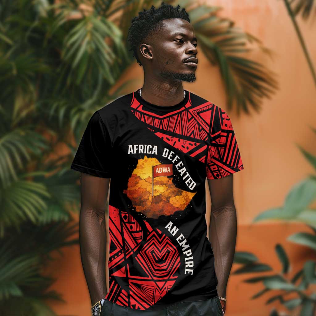 Menelik II T-Shirt with Adwa Victory Map, Africa Defeated an Empire Text and Red Geometric Graphic Tee
