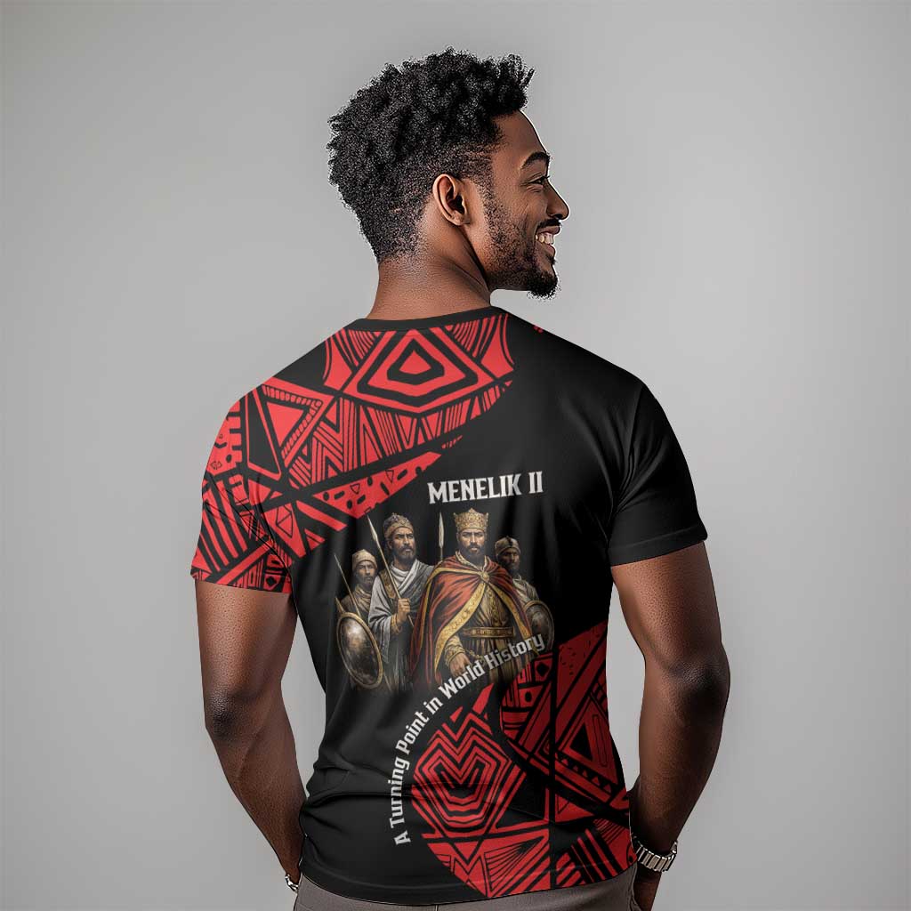 Menelik II T-Shirt with Adwa Victory Map, Africa Defeated an Empire Text and Red Geometric Graphic Tee